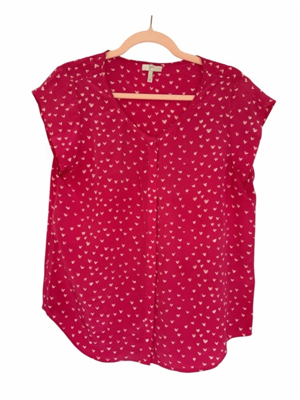 Joie Fucshia White Heart Print 100% Silk Short Sleeve Top Blouse -L-MSRP $148